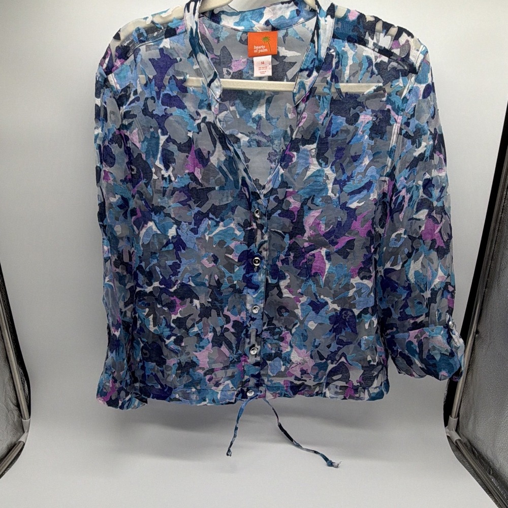 Hearts of Palm Women's Blue/Purple Abstract Sheer Chiffon Button Blouse 14